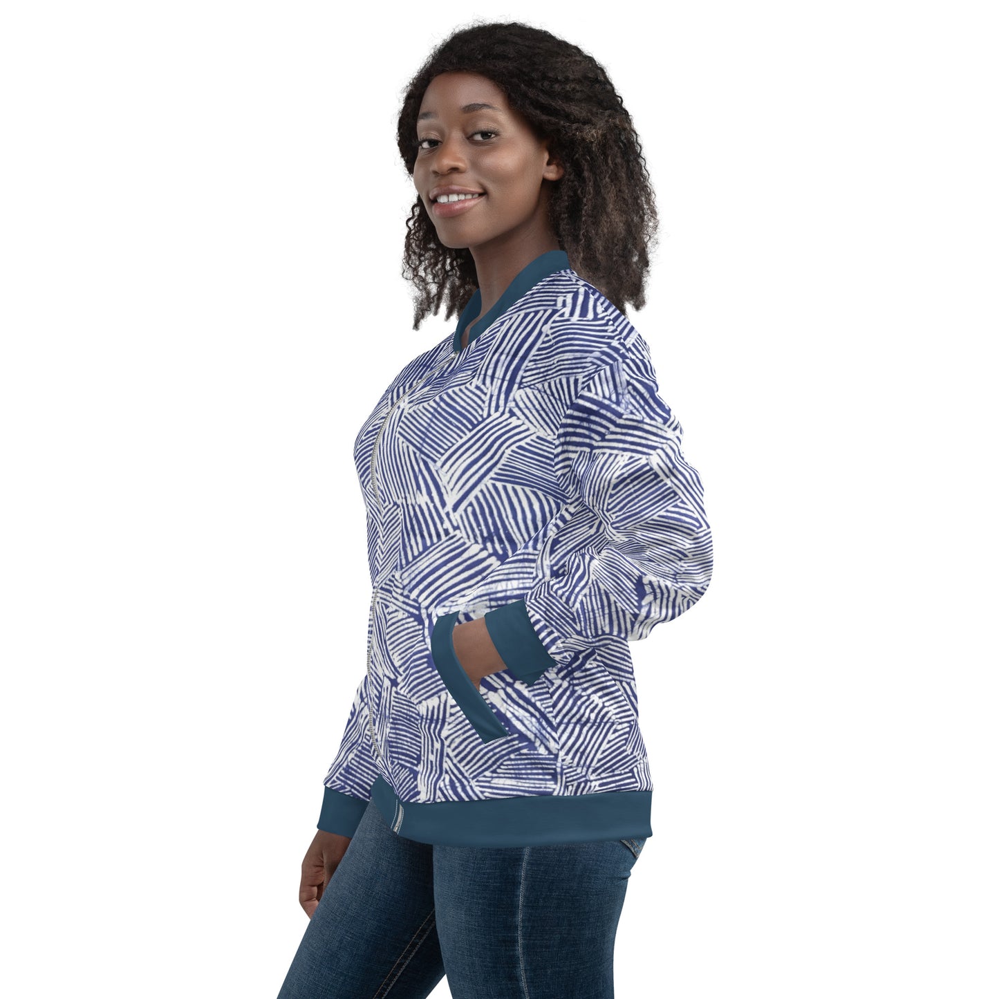 Blue & White Stripe Adire Unisex Bomber Jacket