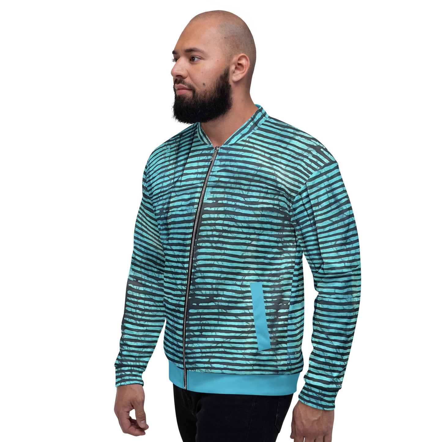 Aqua Black Stripes Adire Unisex Bomber Jacket