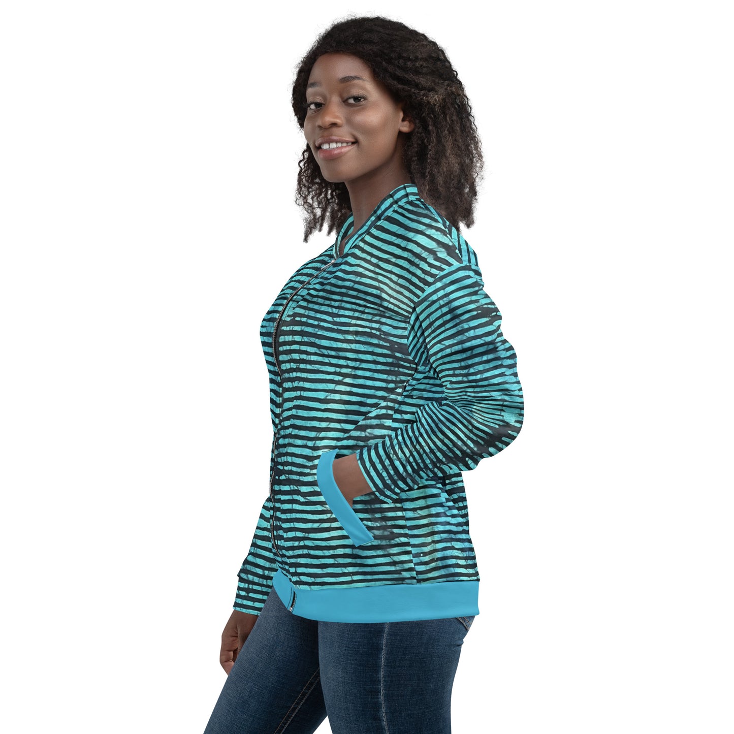 Aqua Black Stripes Adire Unisex Bomber Jacket