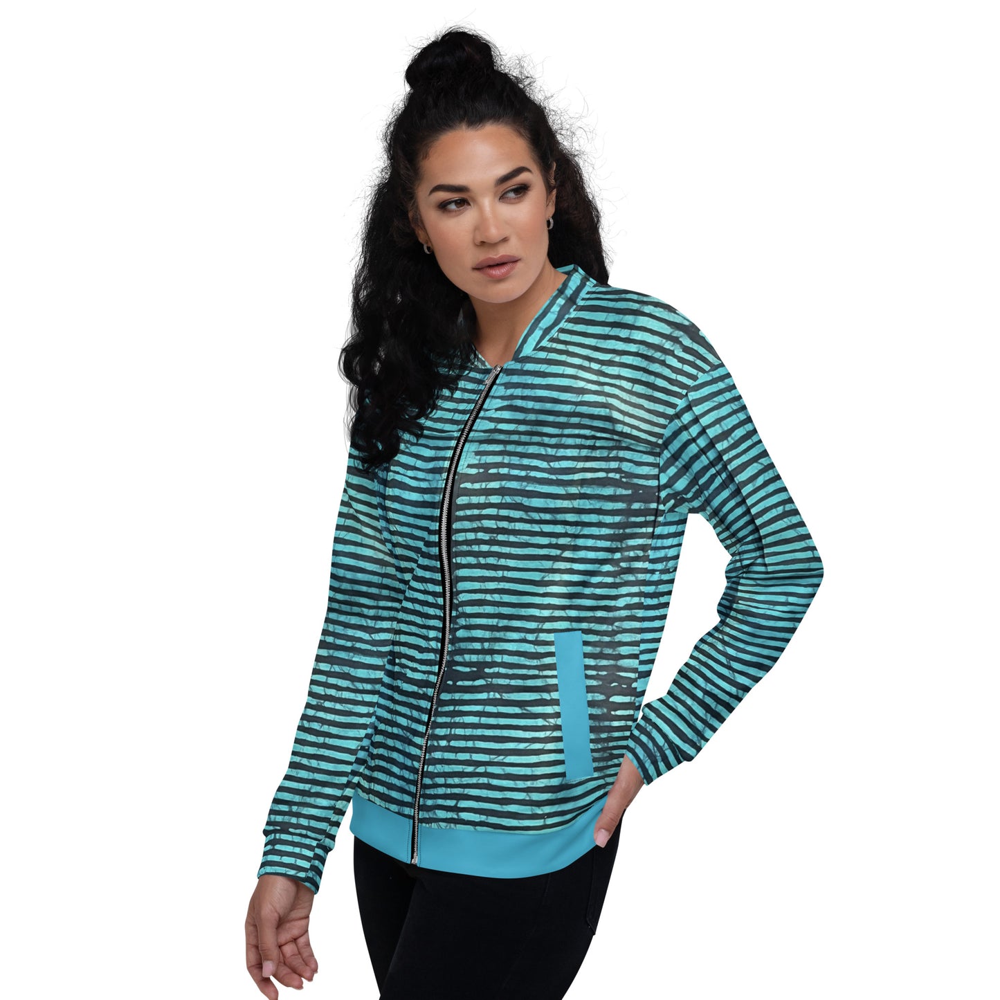 Aqua Black Stripes Adire Unisex Bomber Jacket