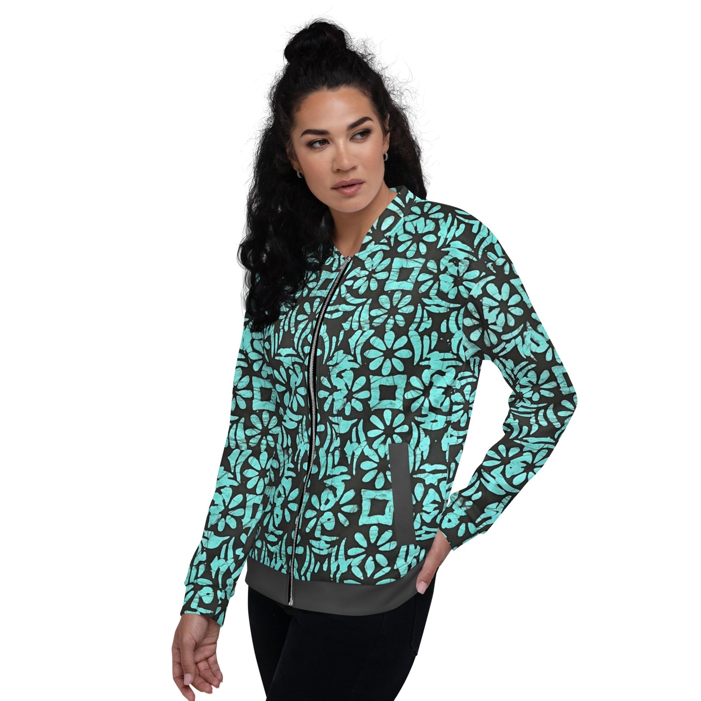 Aqua Abstract Adire Unisex Bomber Jacket