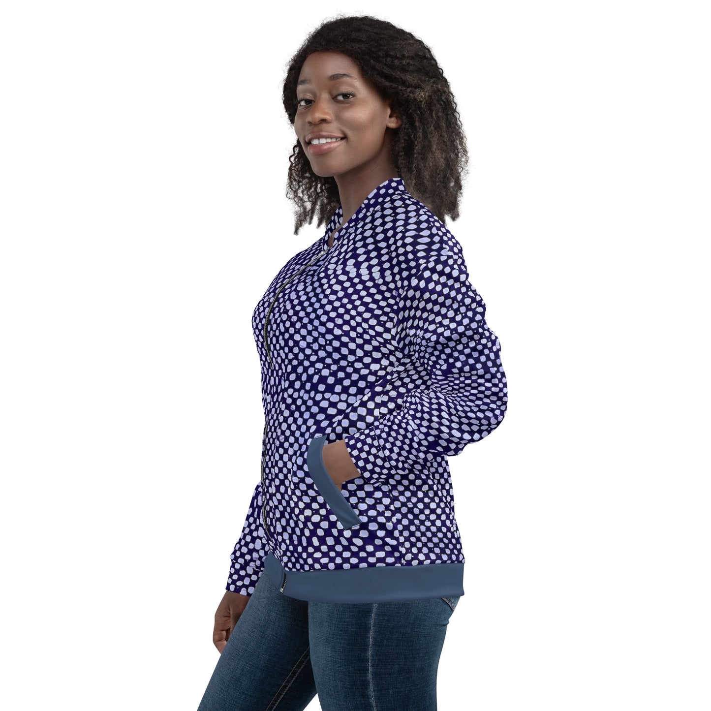 Purple & White Polka Dots Adire Unisex Bomber Jacket