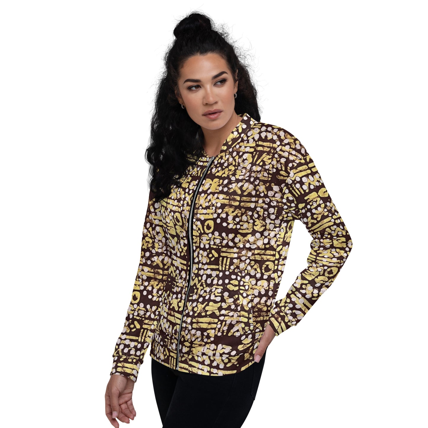 Yellow Brown Noughts & Crosses Adire Unisex Bomber Jacket