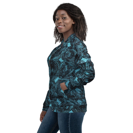 Turquoise & Black Swirls Adire Unisex Bomber Jacket