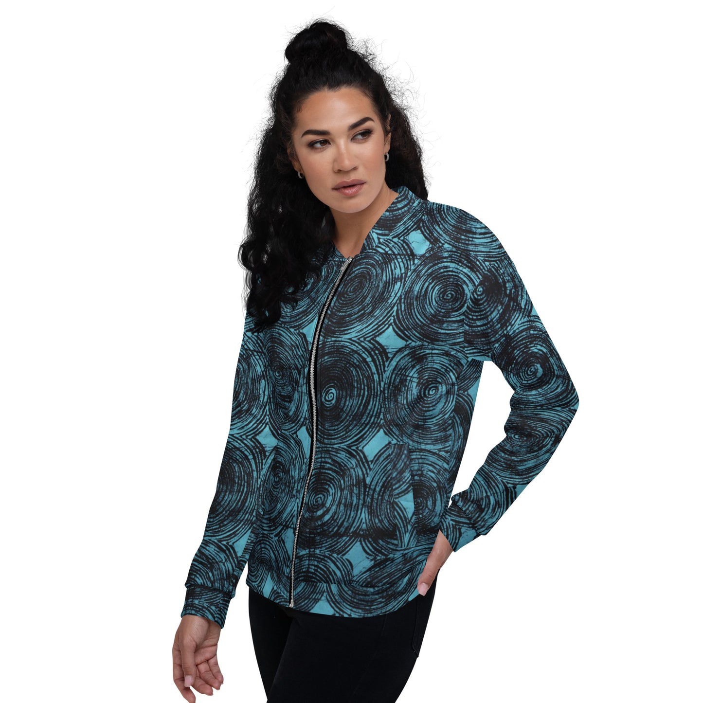 Turquoise & Black Swirls Adire Unisex Bomber Jacket