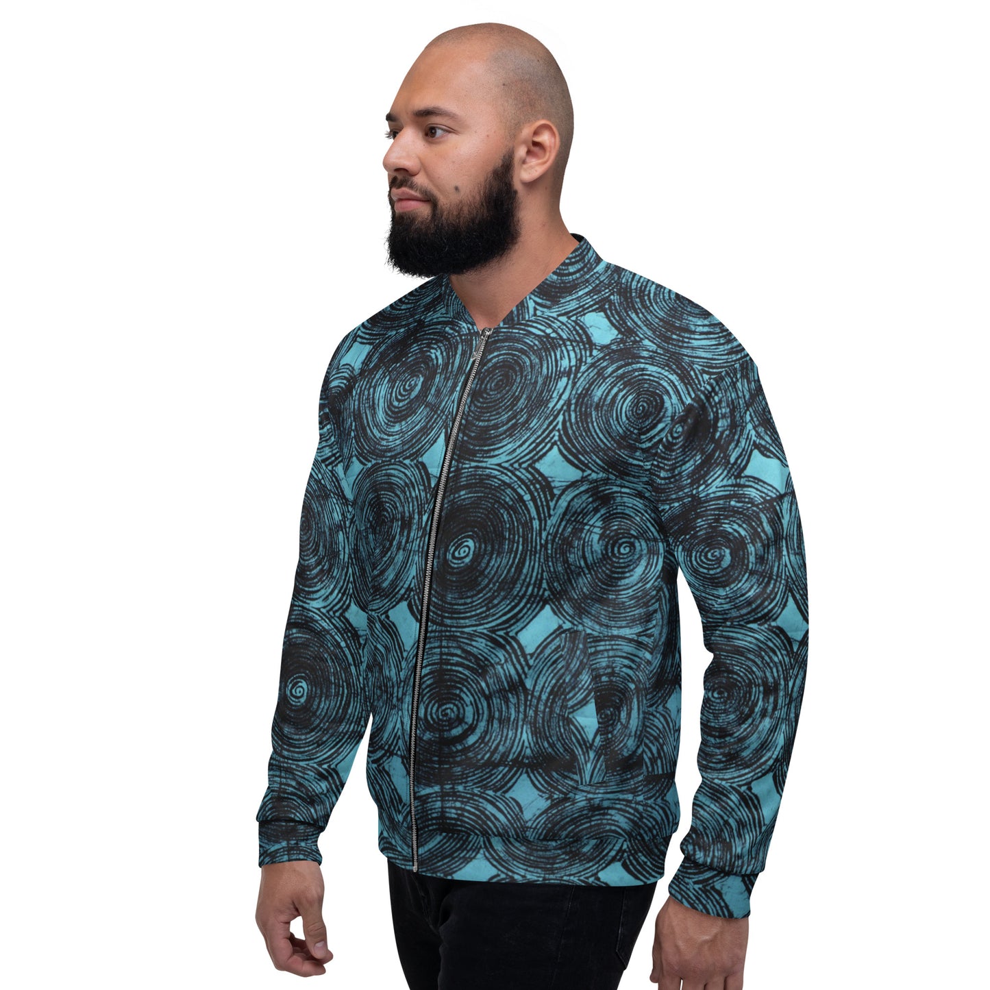 Turquoise & Black Swirls Adire Unisex Bomber Jacket