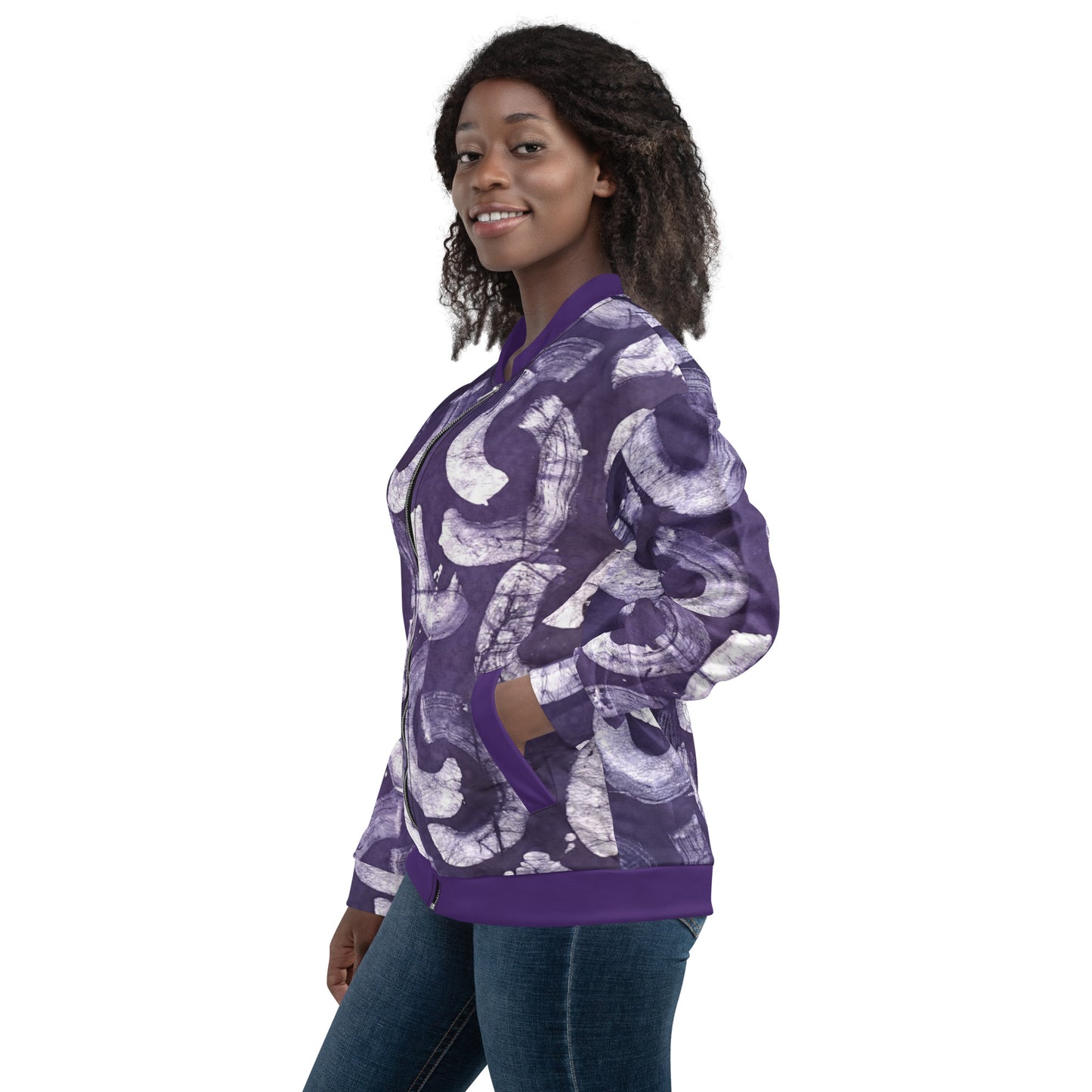 Purple & white Adire Unisex Bomber Jacket