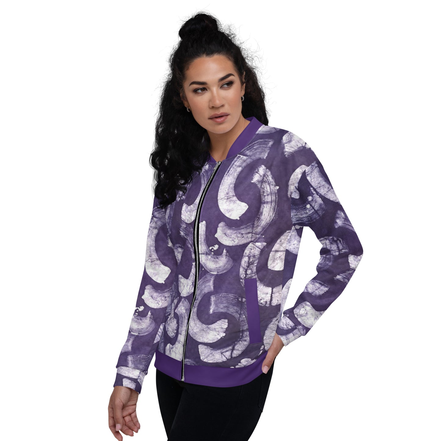 Purple & white Adire Unisex Bomber Jacket