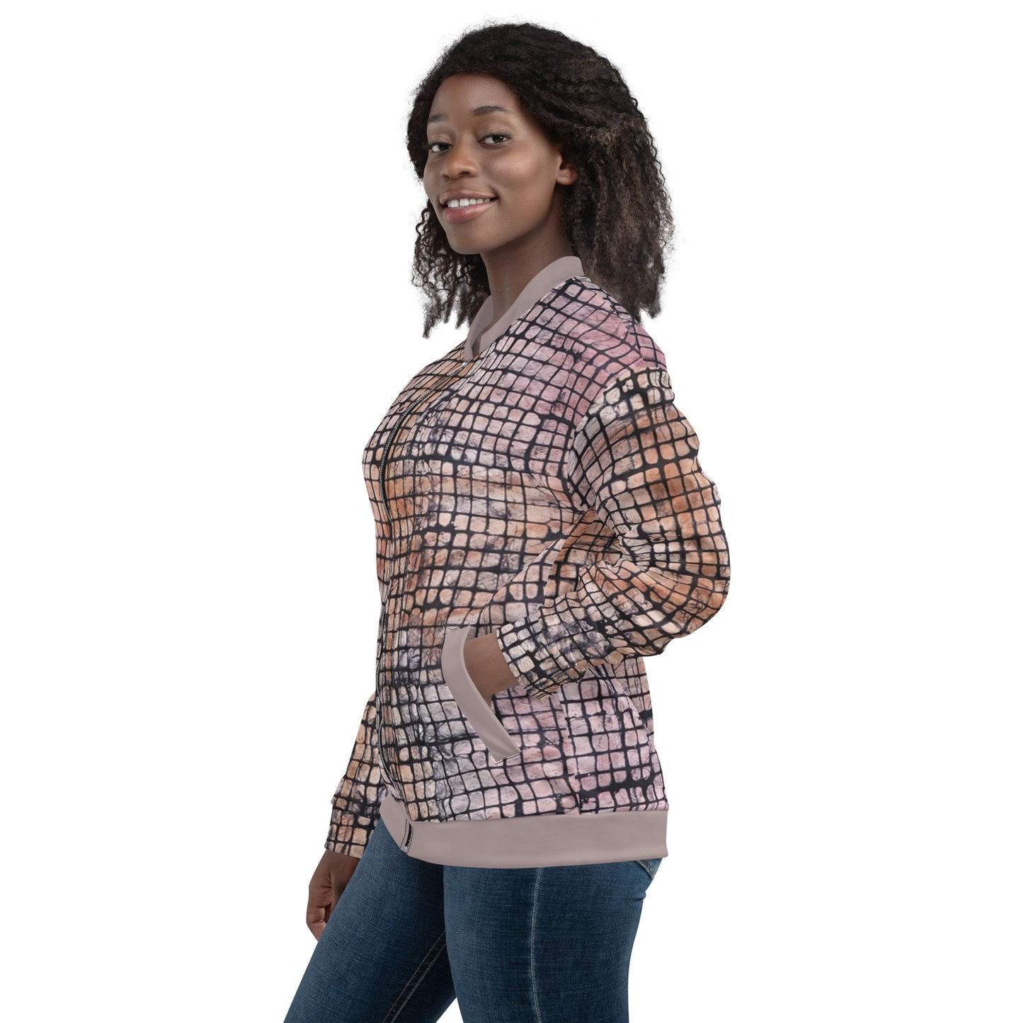 Pink Checked Adire Unisex Bomber Jacket