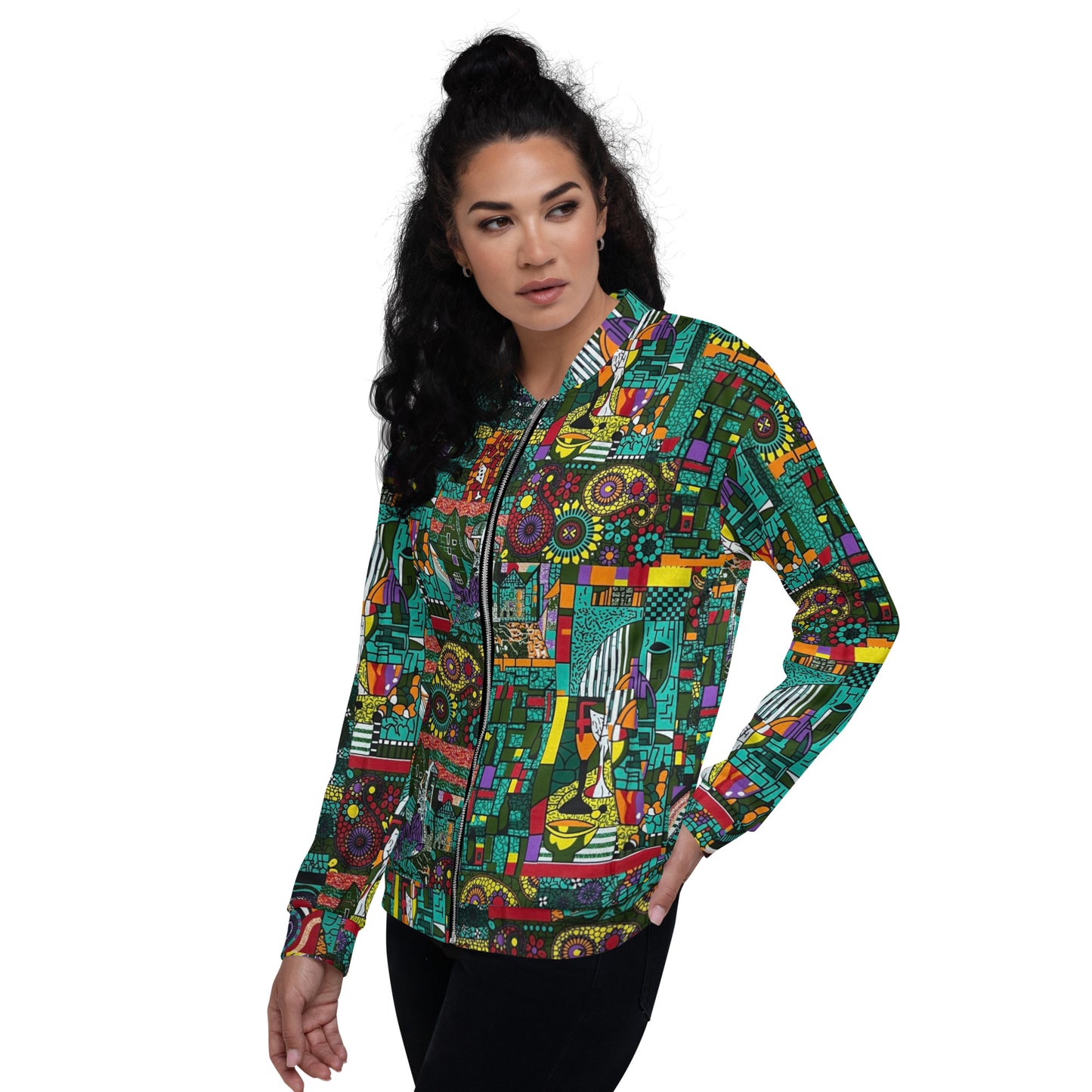 Colourful Green Plants Floral Vase Wine Glass Print Ankara Unisex Bomber Jacket