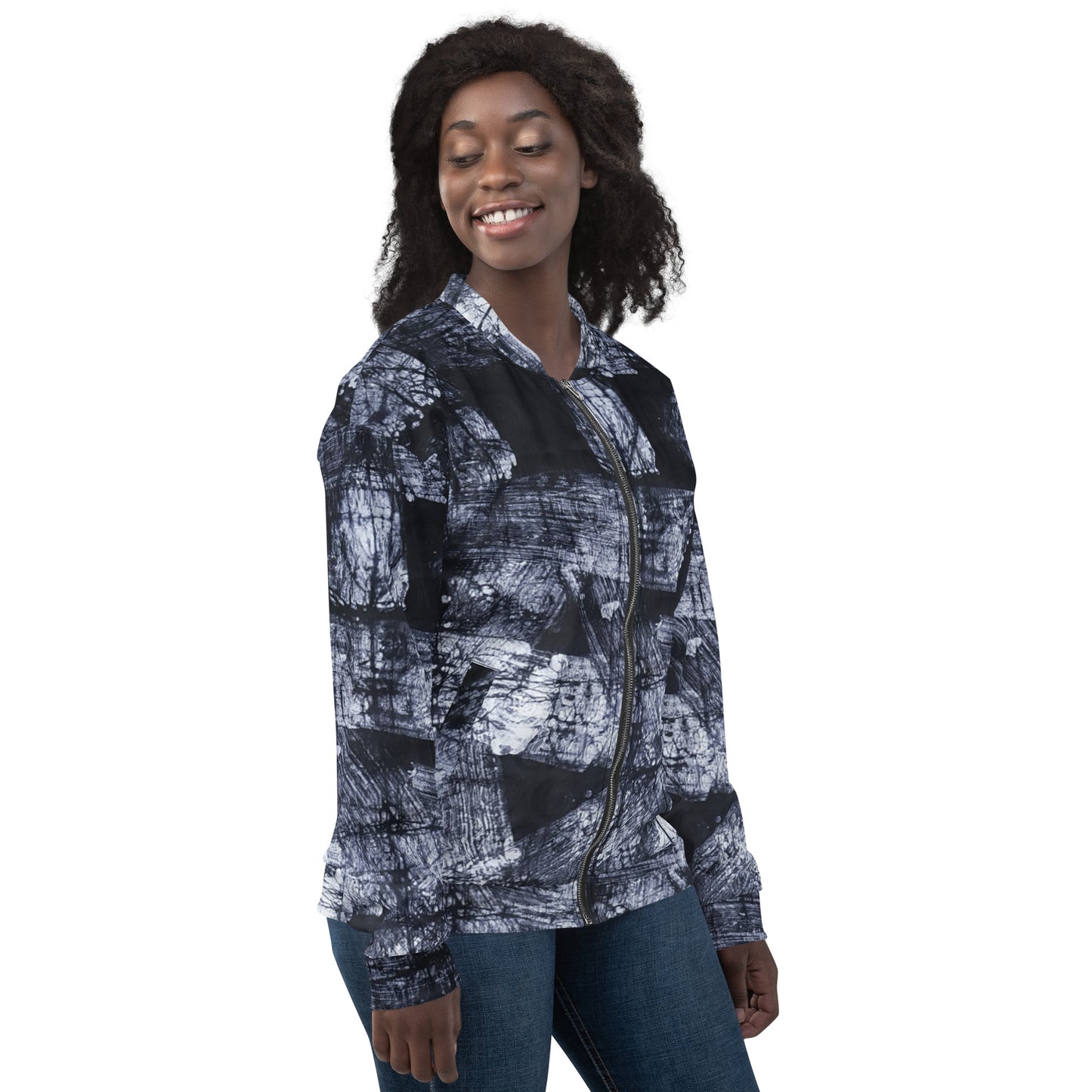 Dark Blue And White African Fabric Unisex Bomber Jacket