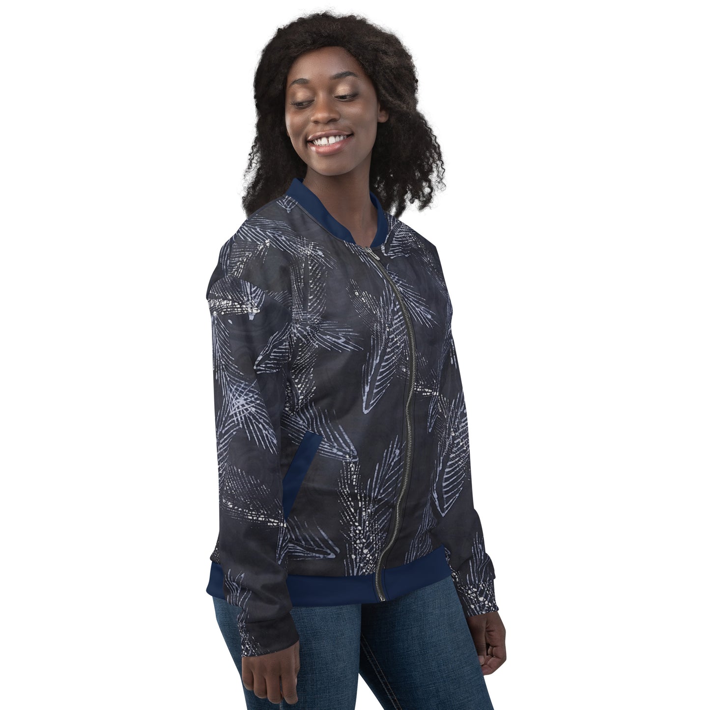 Dark Blue Leaf Adire Unisex Bomber Jacket