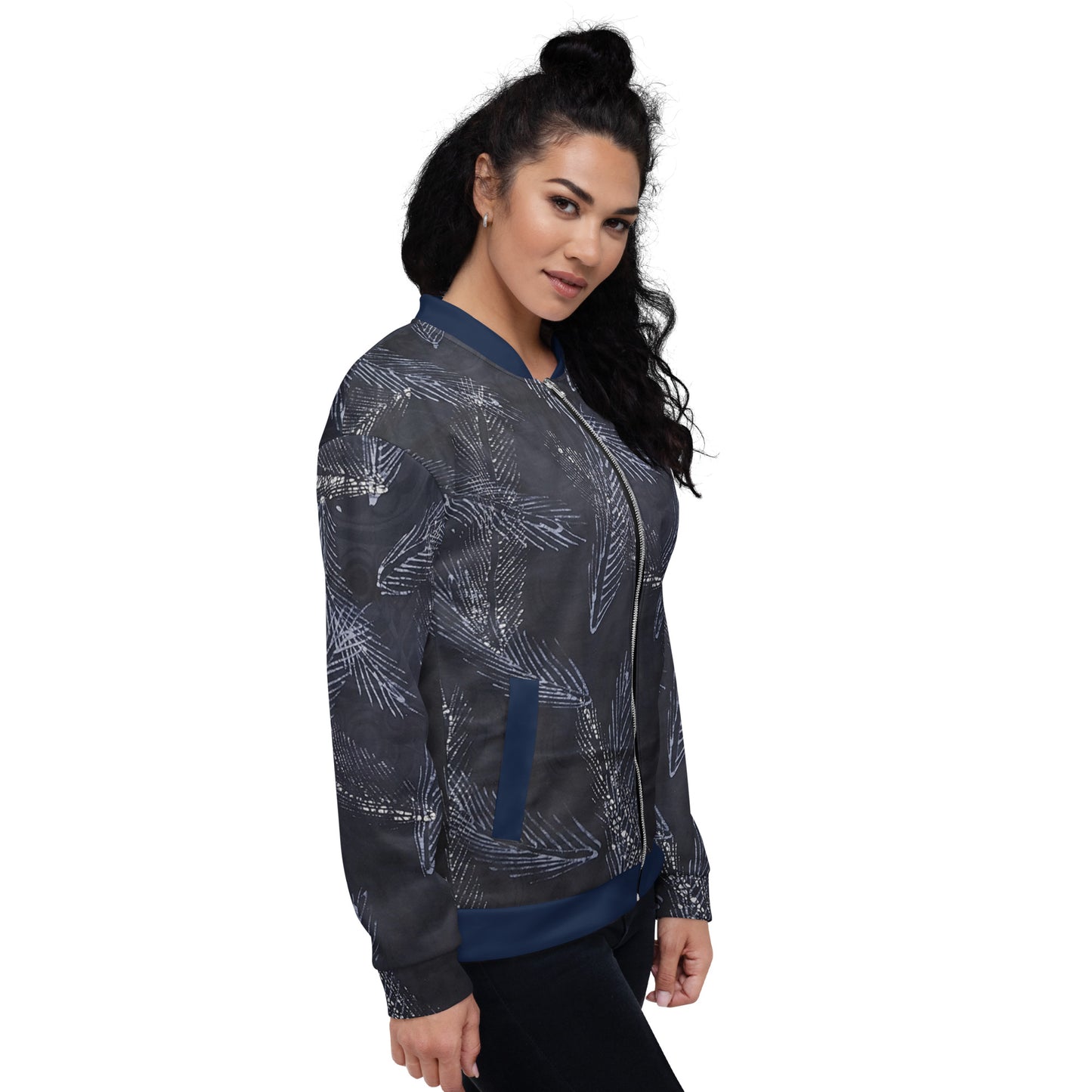 Dark Blue Leaf Adire Unisex Bomber Jacket