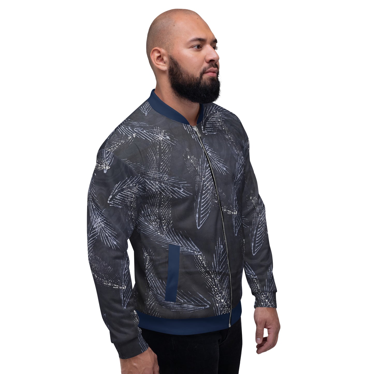 Dark Blue Leaf Adire Unisex Bomber Jacket