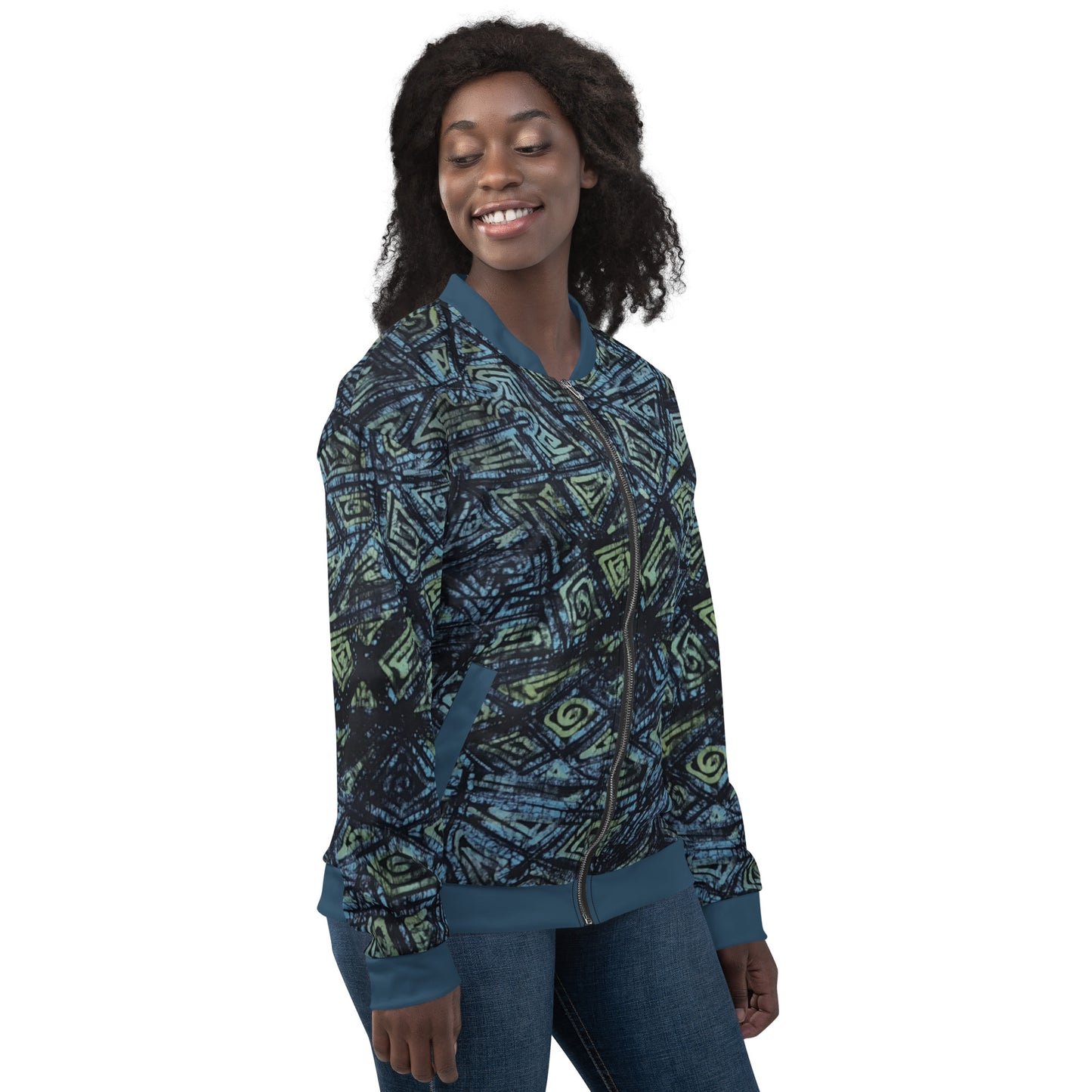 Indigo Green Turquoise Adire Unisex Bomber Jacket