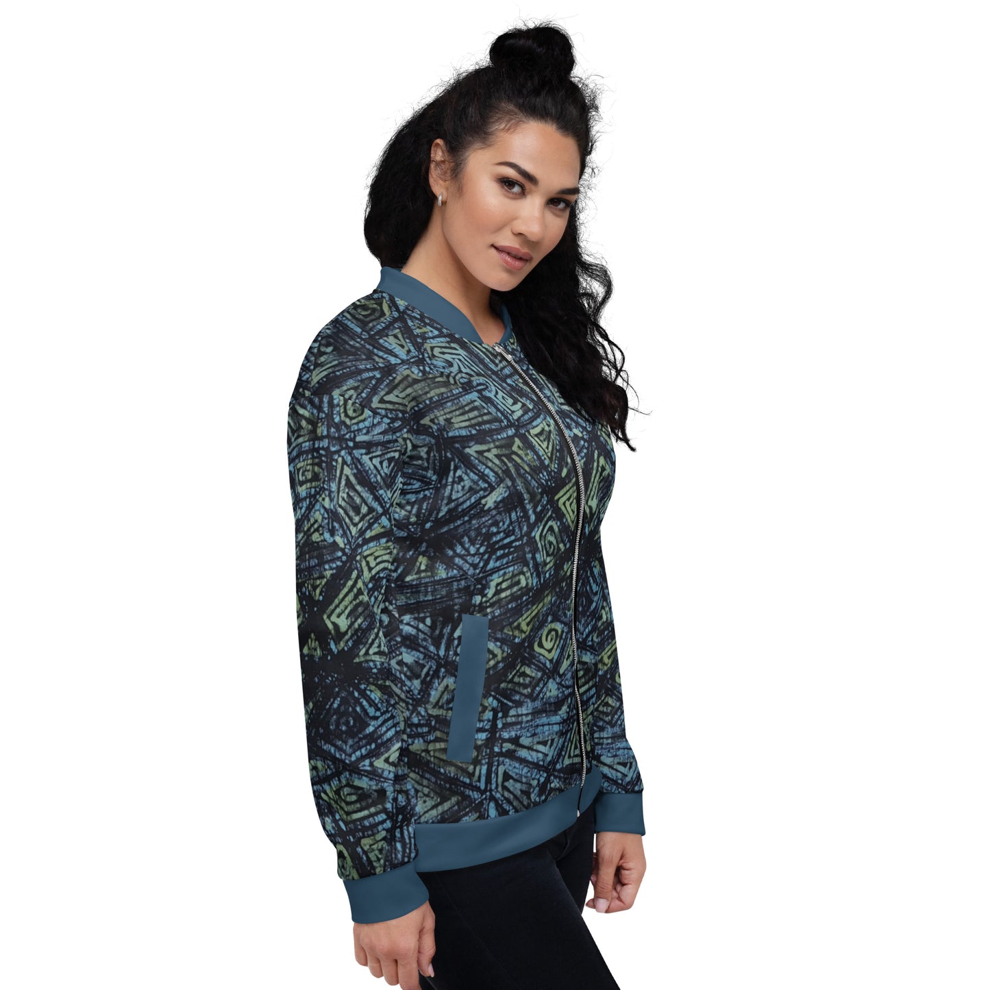 Indigo Green Turquoise Adire Unisex Bomber Jacket