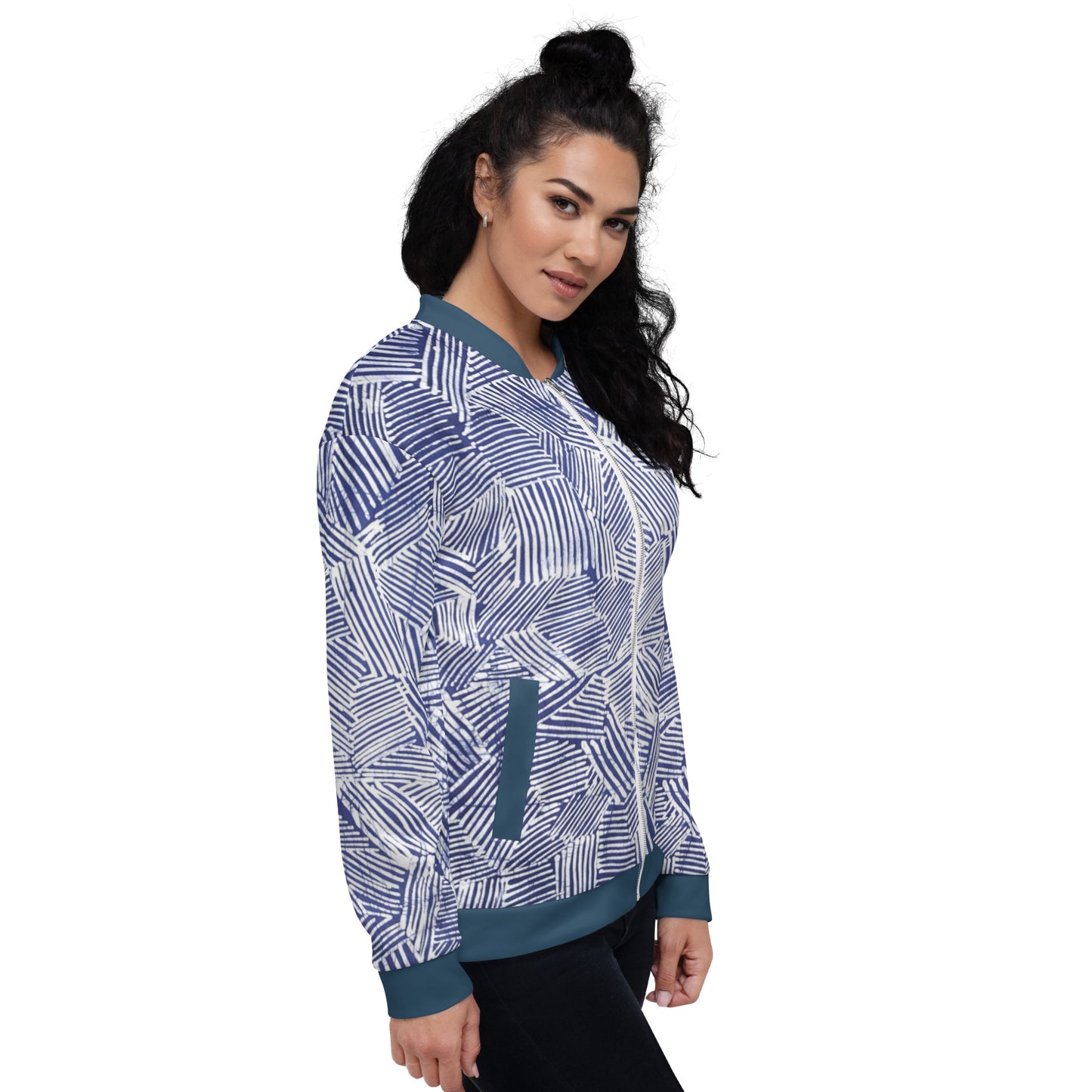 Blue & White Stripe Adire Unisex Bomber Jacket