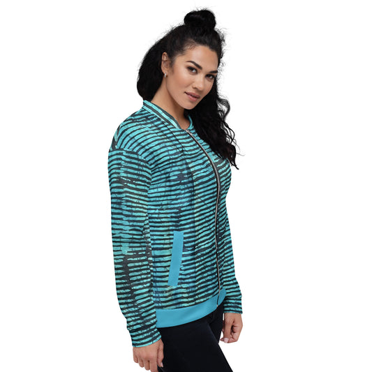 Aqua Black Stripes Adire Unisex Bomber Jacket