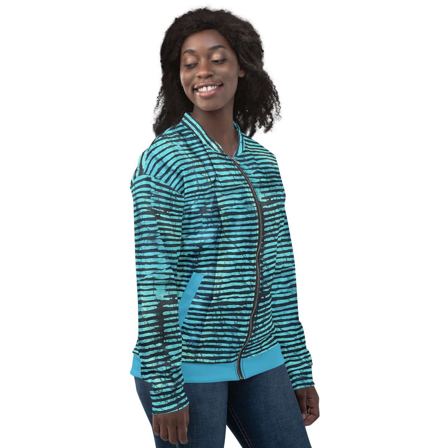 Aqua Black Stripes Adire Unisex Bomber Jacket