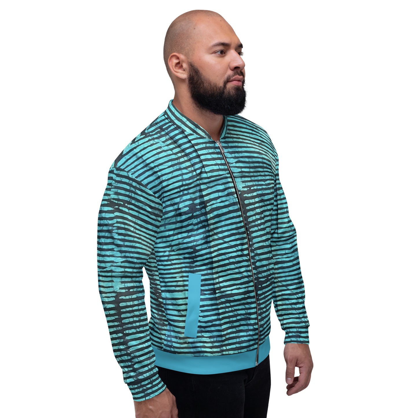 Aqua Black Stripes Adire Unisex Bomber Jacket