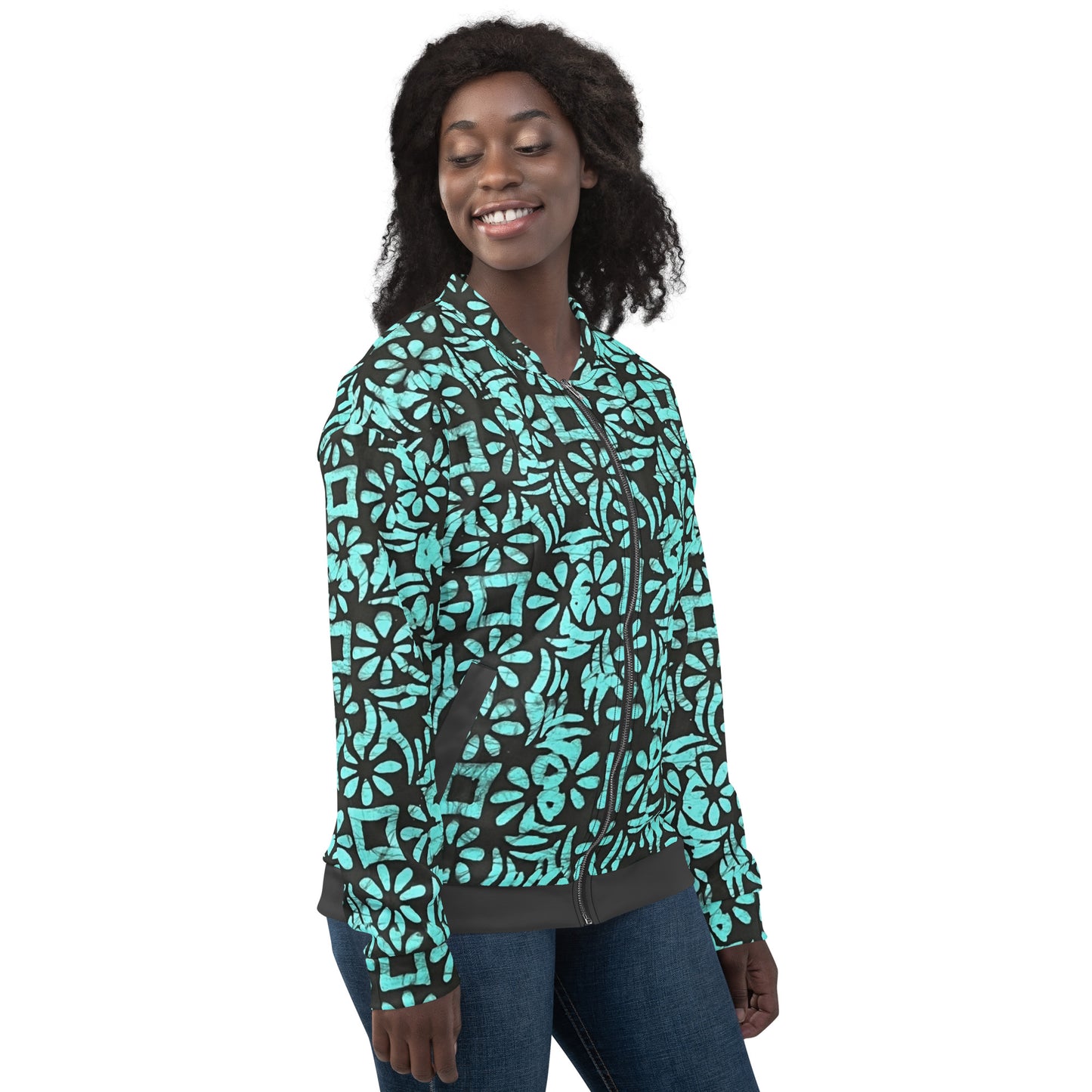 Aqua Abstract Adire Unisex Bomber Jacket