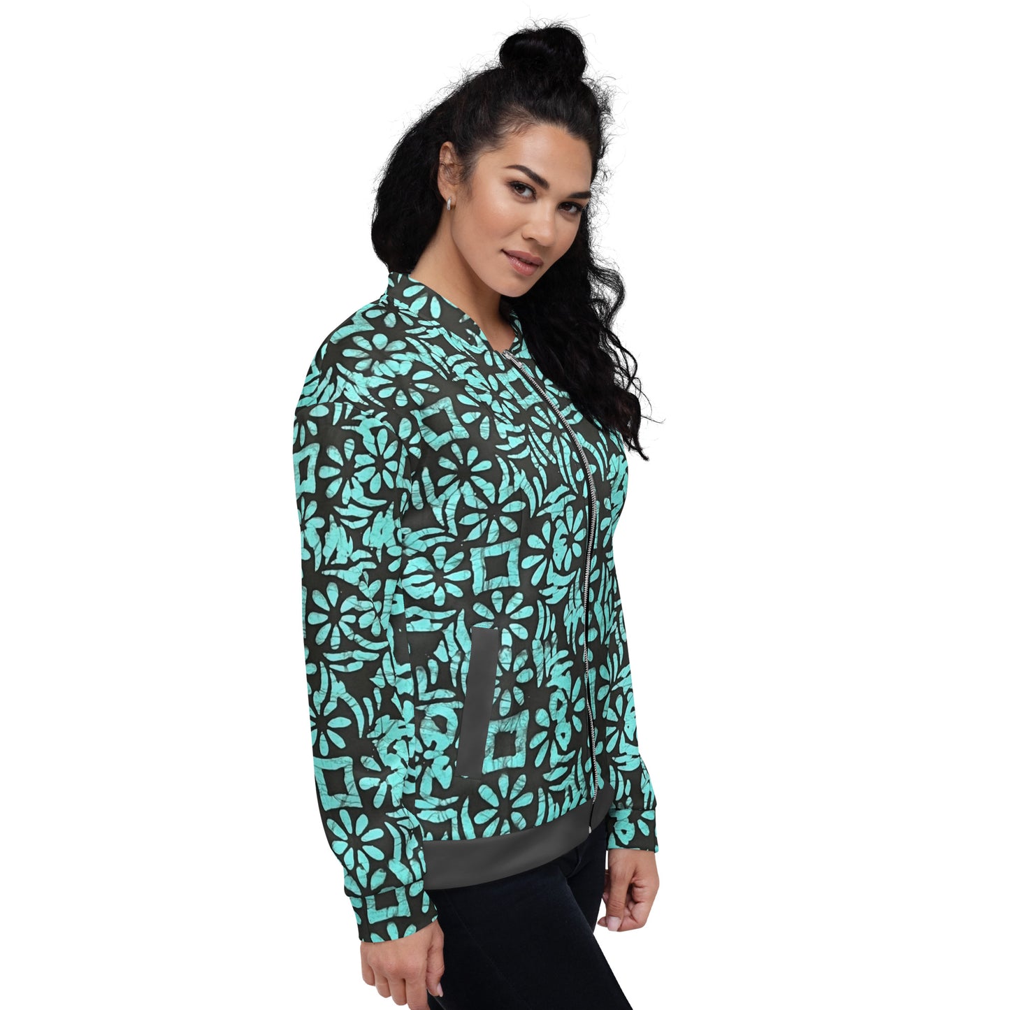 Aqua Abstract Adire Unisex Bomber Jacket