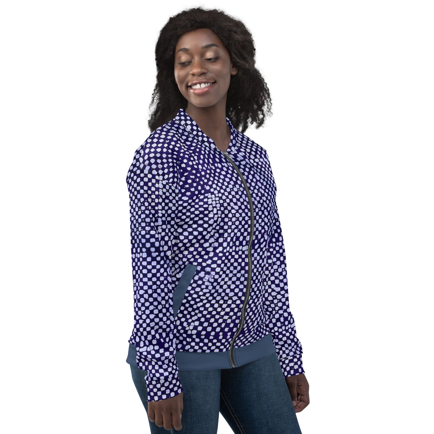 Purple & White Polka Dots Adire Unisex Bomber Jacket