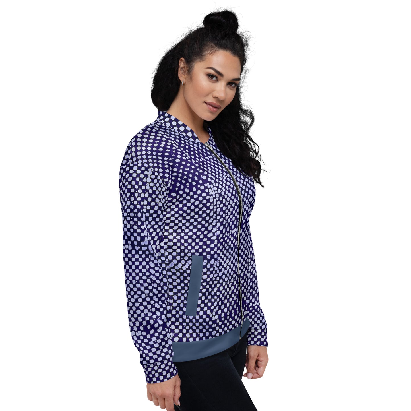 Purple & White Polka Dots Adire Unisex Bomber Jacket