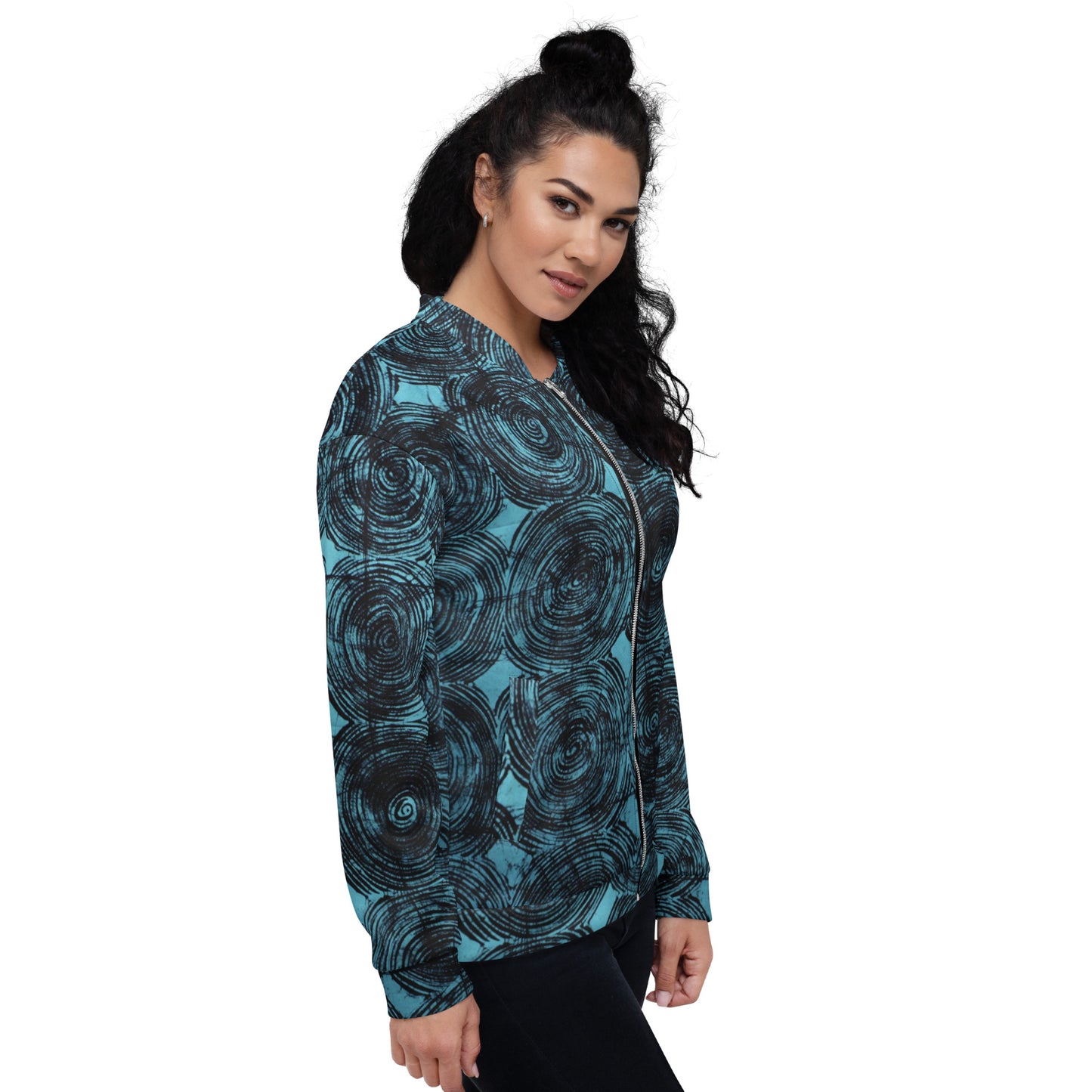 Turquoise & Black Swirls Adire Unisex Bomber Jacket