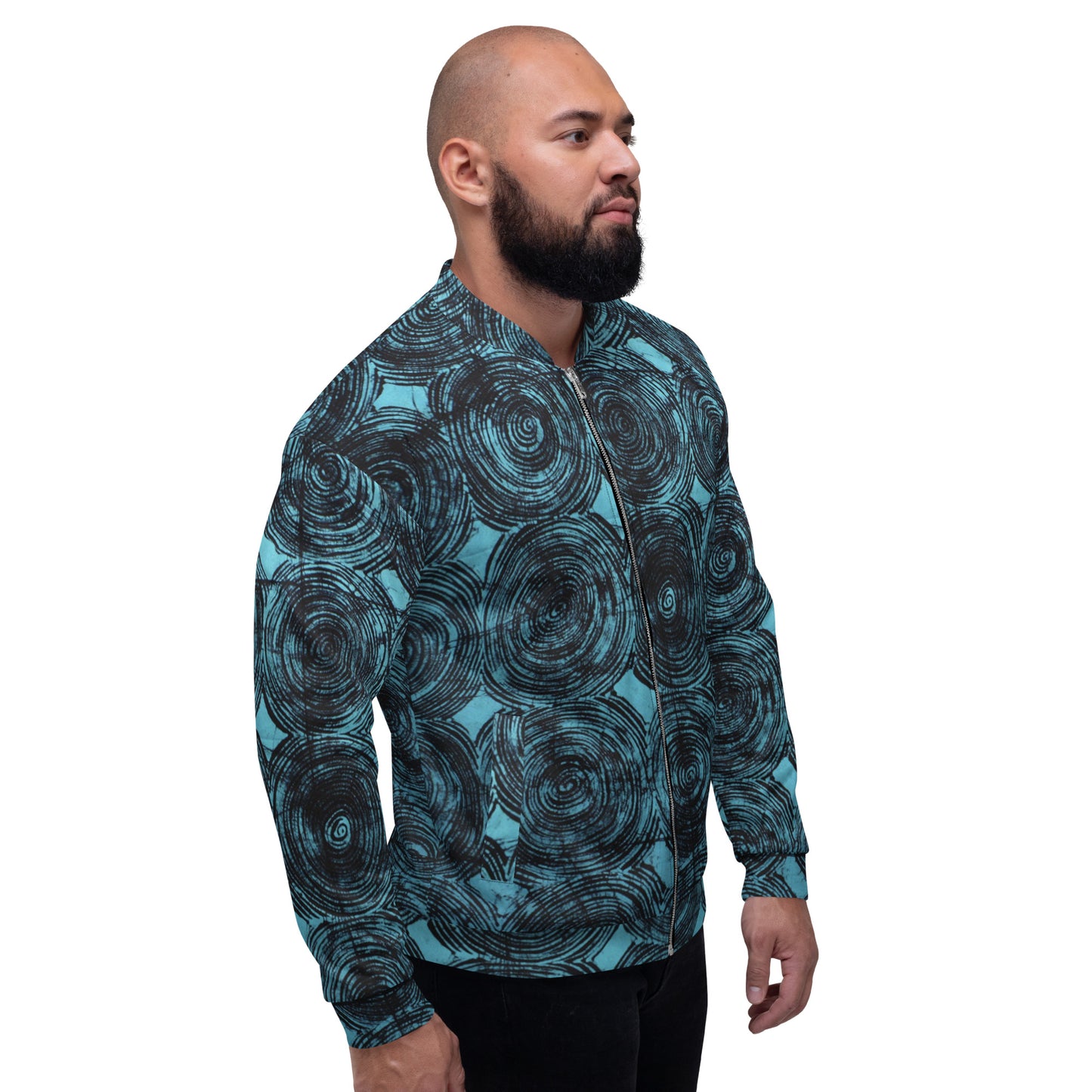 Turquoise & Black Swirls Adire Unisex Bomber Jacket