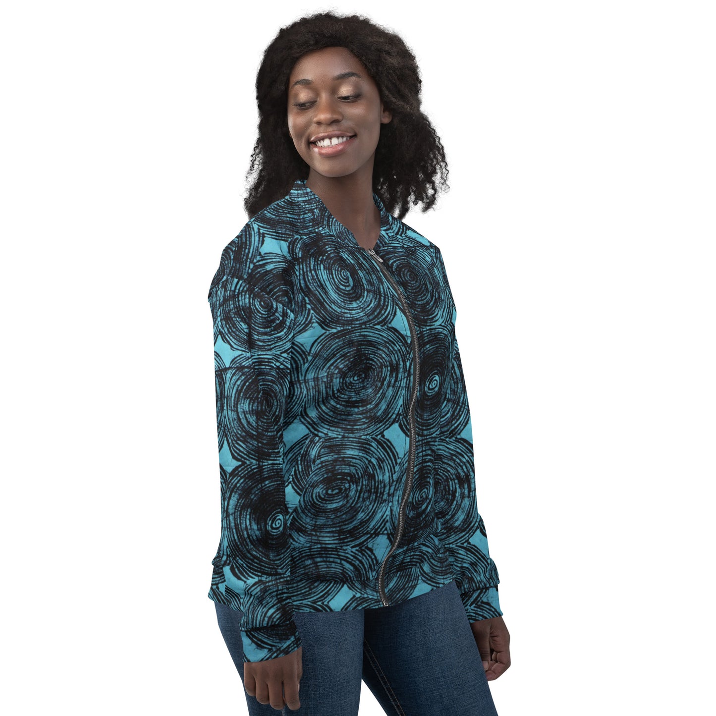 Turquoise & Black Swirls Adire Unisex Bomber Jacket