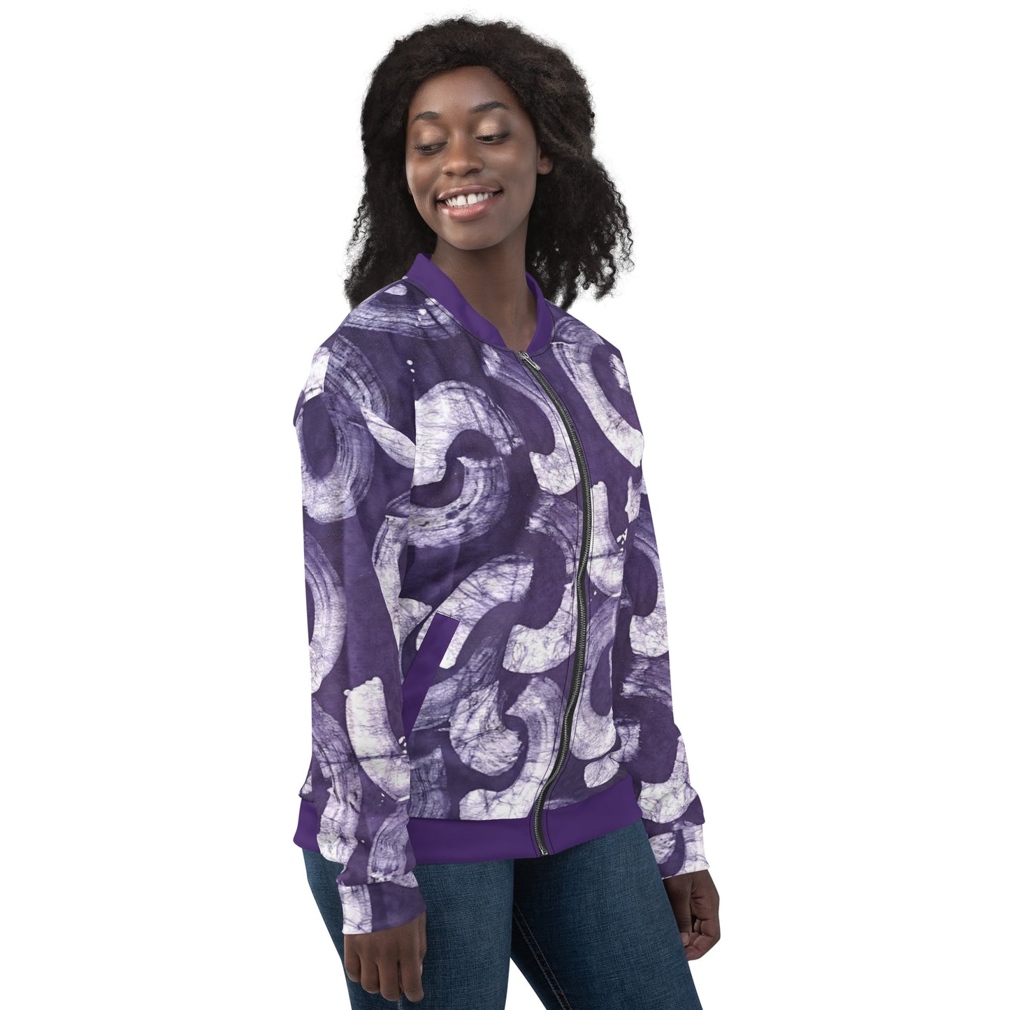 Purple & white Adire Unisex Bomber Jacket