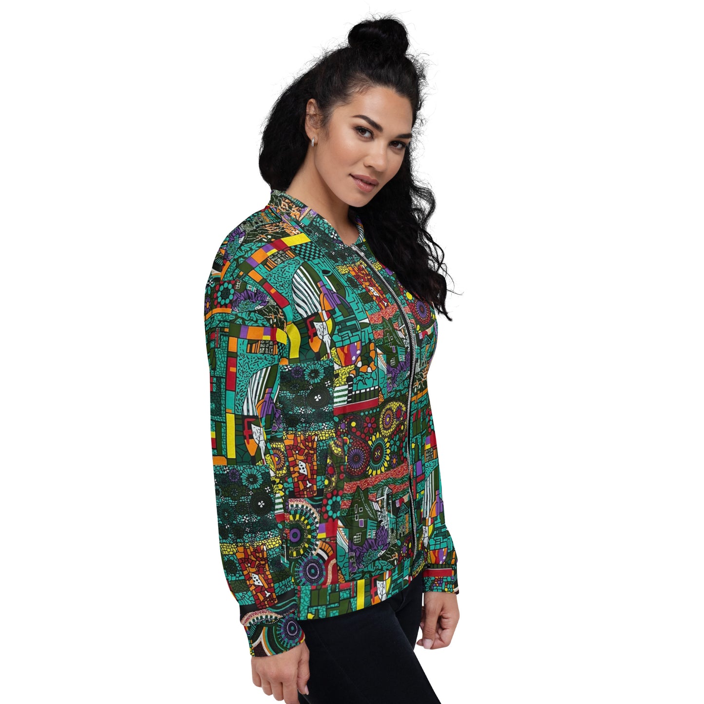 Colourful Green Plants Floral Vase Wine Glass Print Ankara Unisex Bomber Jacket