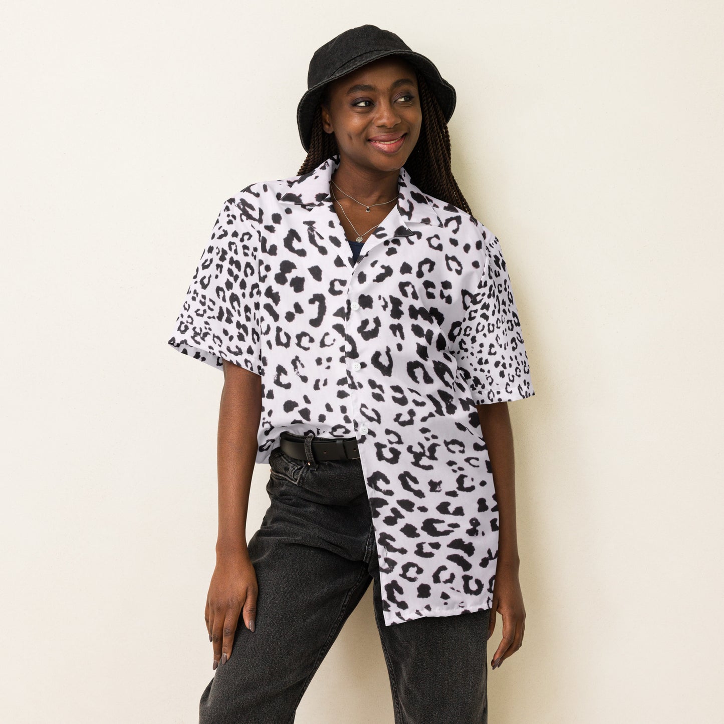 Monochrome Leopard Print Unisex Button Shirt