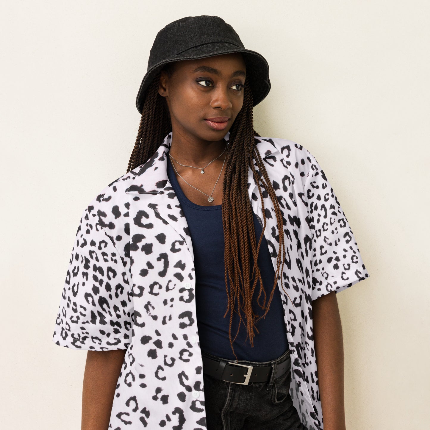 Monochrome Leopard Print Unisex Button Shirt