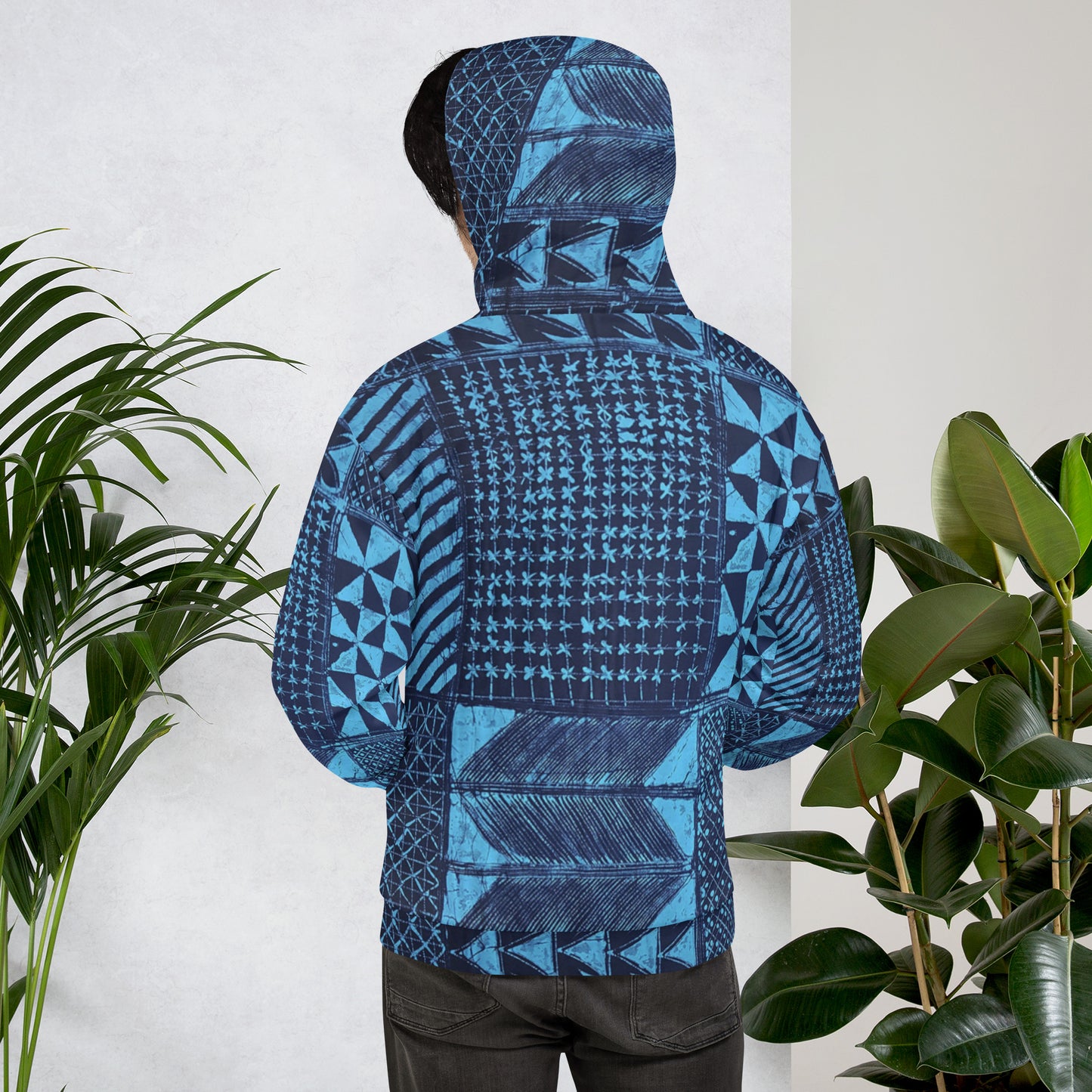 Black And Turquoise Shapes Adire Unisex Hoodie