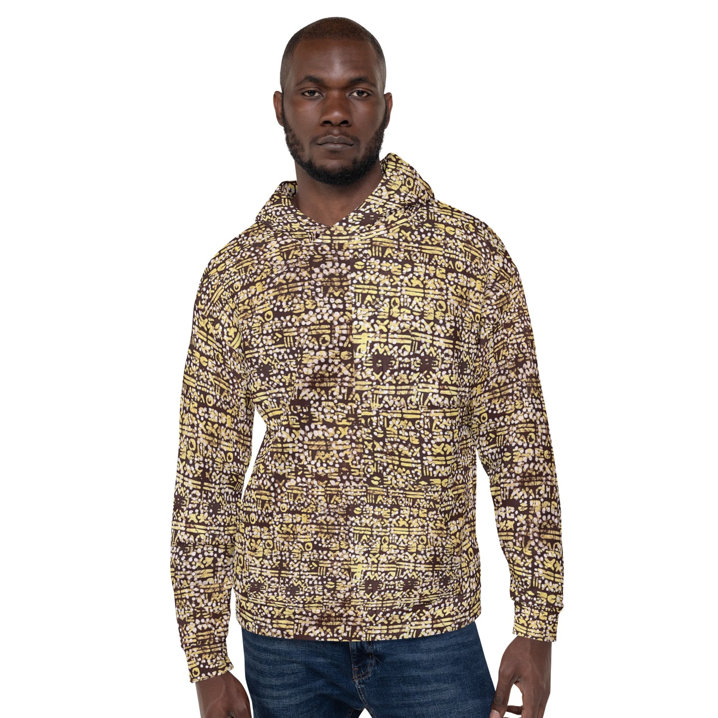 Yellow Brown Noughts And Crosses Pattern Adire Unisex Hoodie