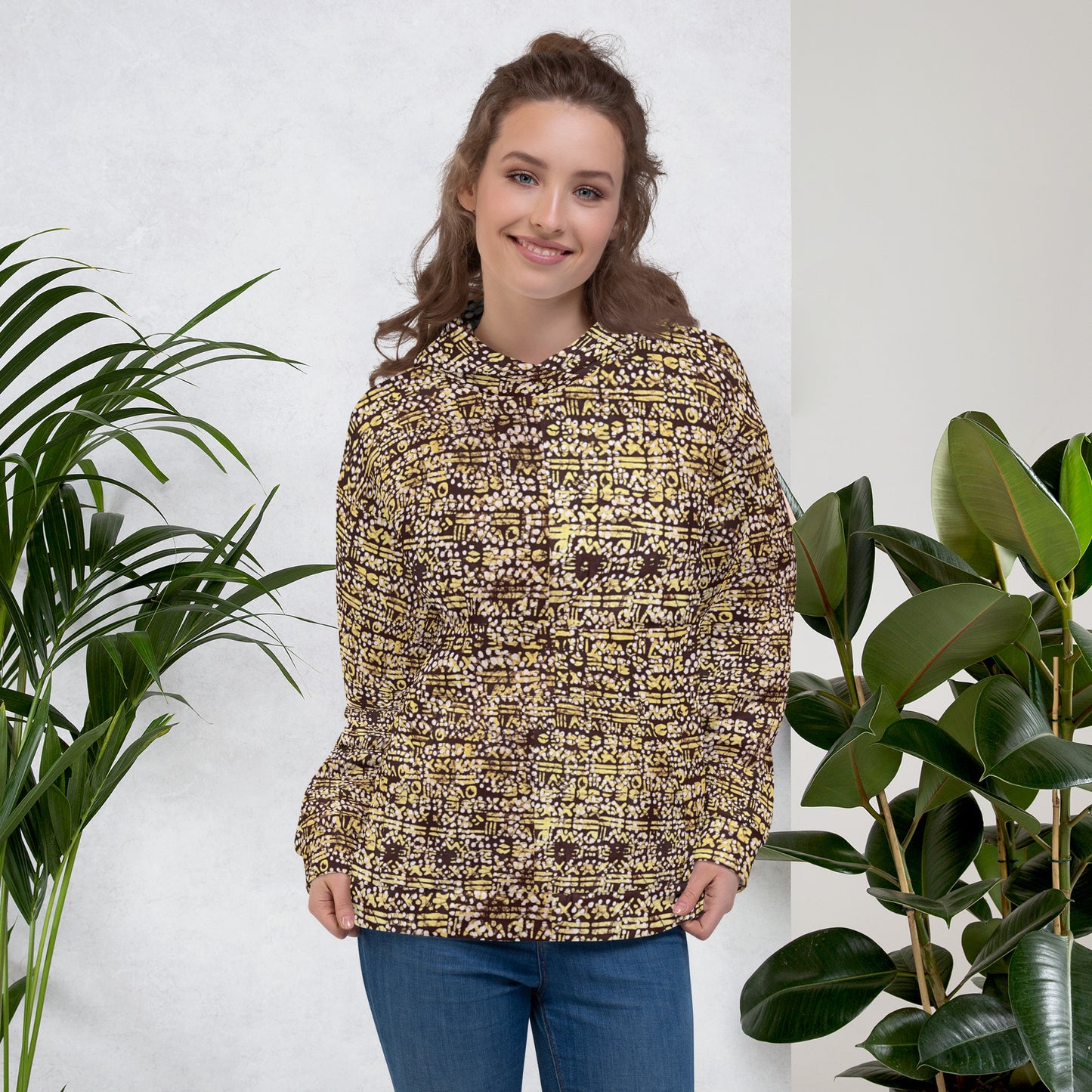 Yellow Brown Noughts And Crosses Pattern Adire Unisex Hoodie