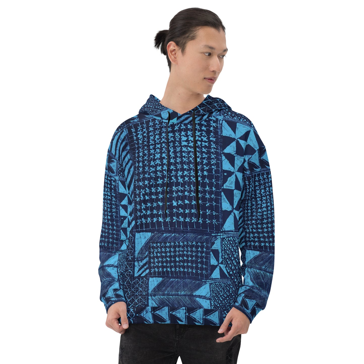 Black And Turquoise Shapes Adire Unisex Hoodie