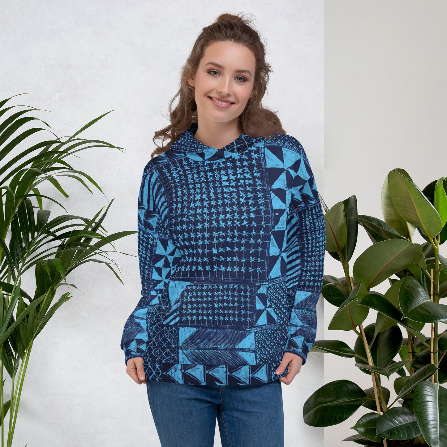 Black And Turquoise Shapes Adire Unisex Hoodie