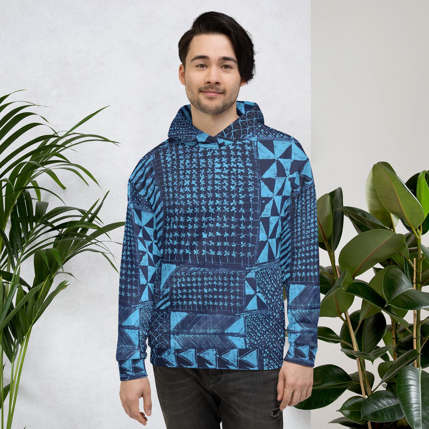 Black And Turquoise Shapes Adire Unisex Hoodie