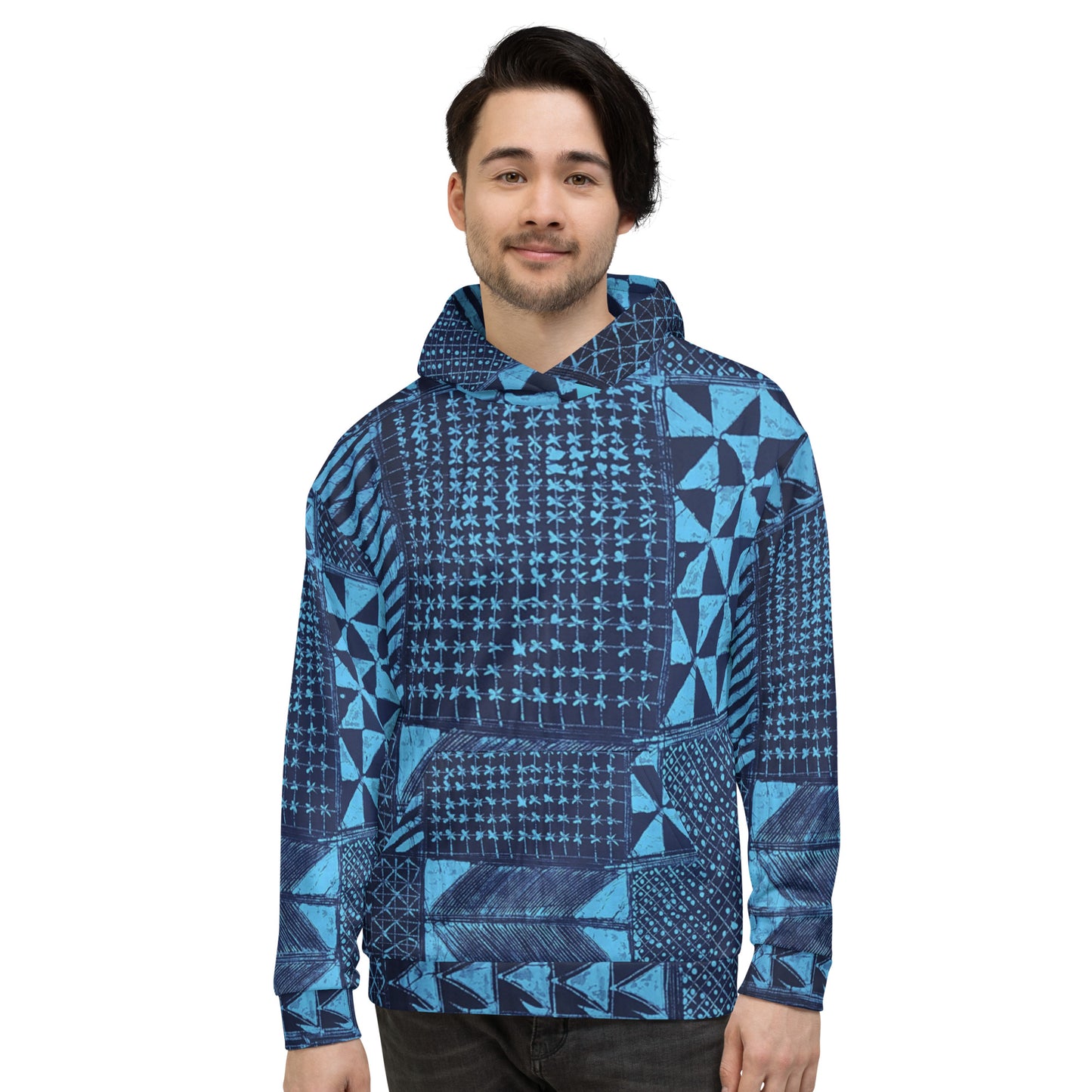 Black And Turquoise Shapes Adire Unisex Hoodie