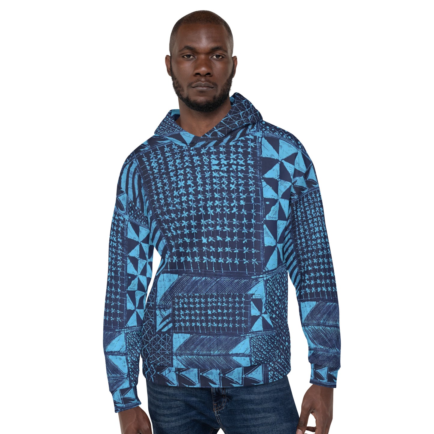 Black And Turquoise Shapes Adire Unisex Hoodie