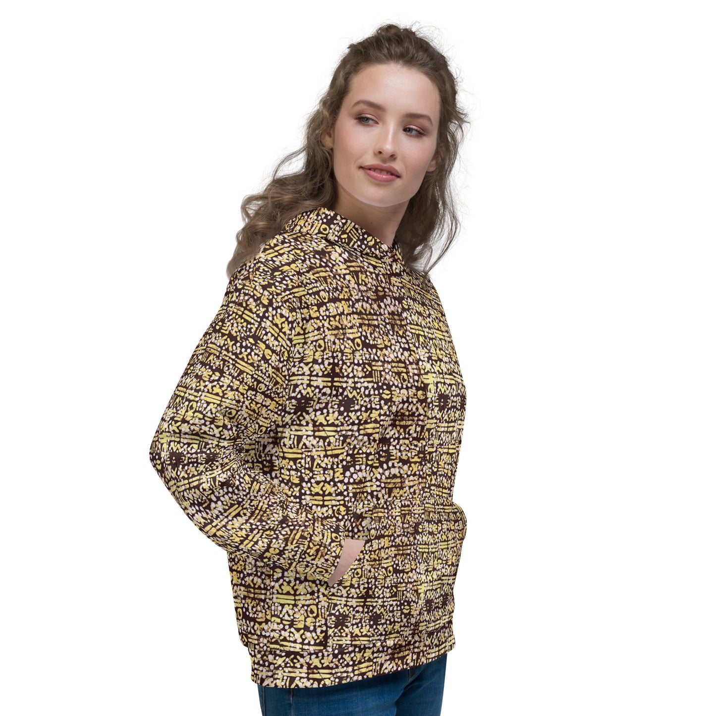 Yellow Brown Noughts And Crosses Pattern Adire Unisex Hoodie