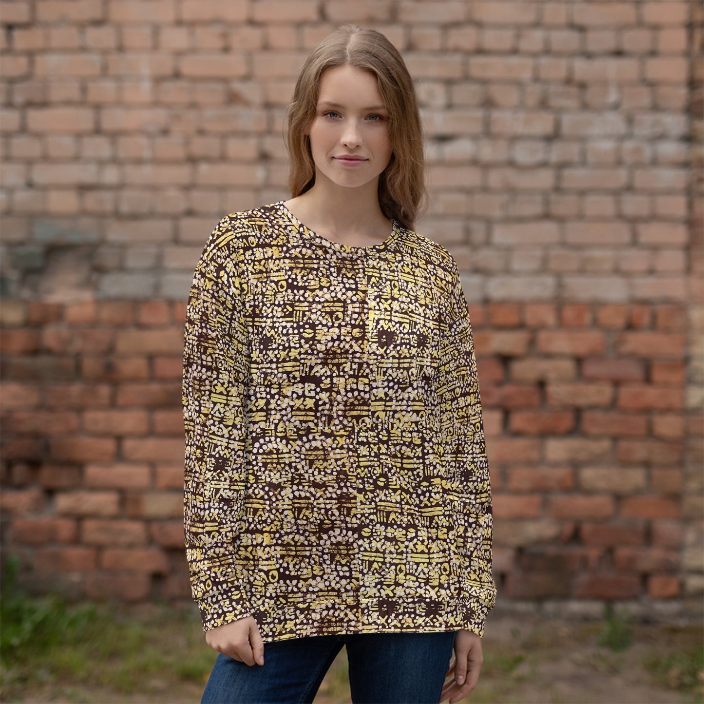 Yellow Brown Noughts And Crosses Pattern Adire Unisex Sweatshirt