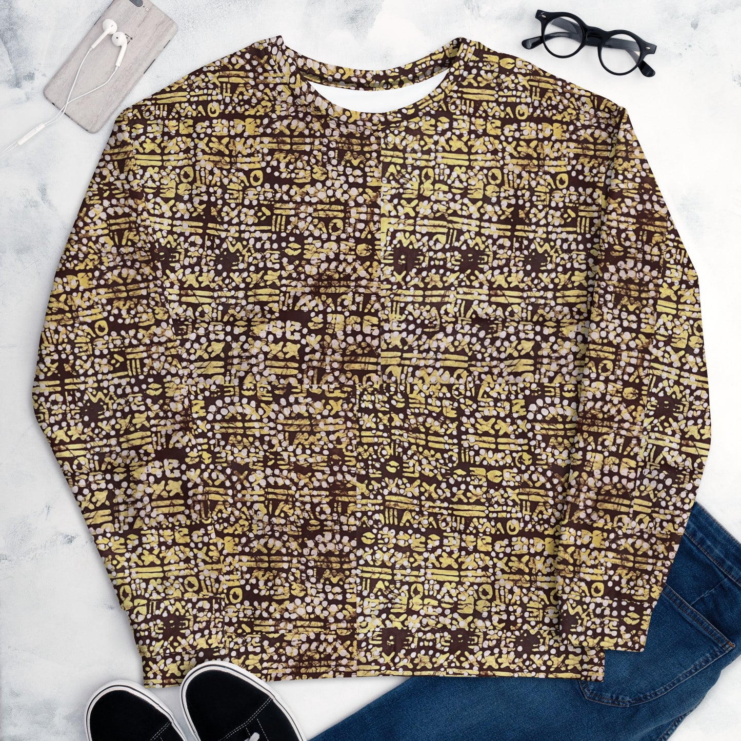 Yellow Brown Noughts And Crosses Pattern Adire Unisex Sweatshirt