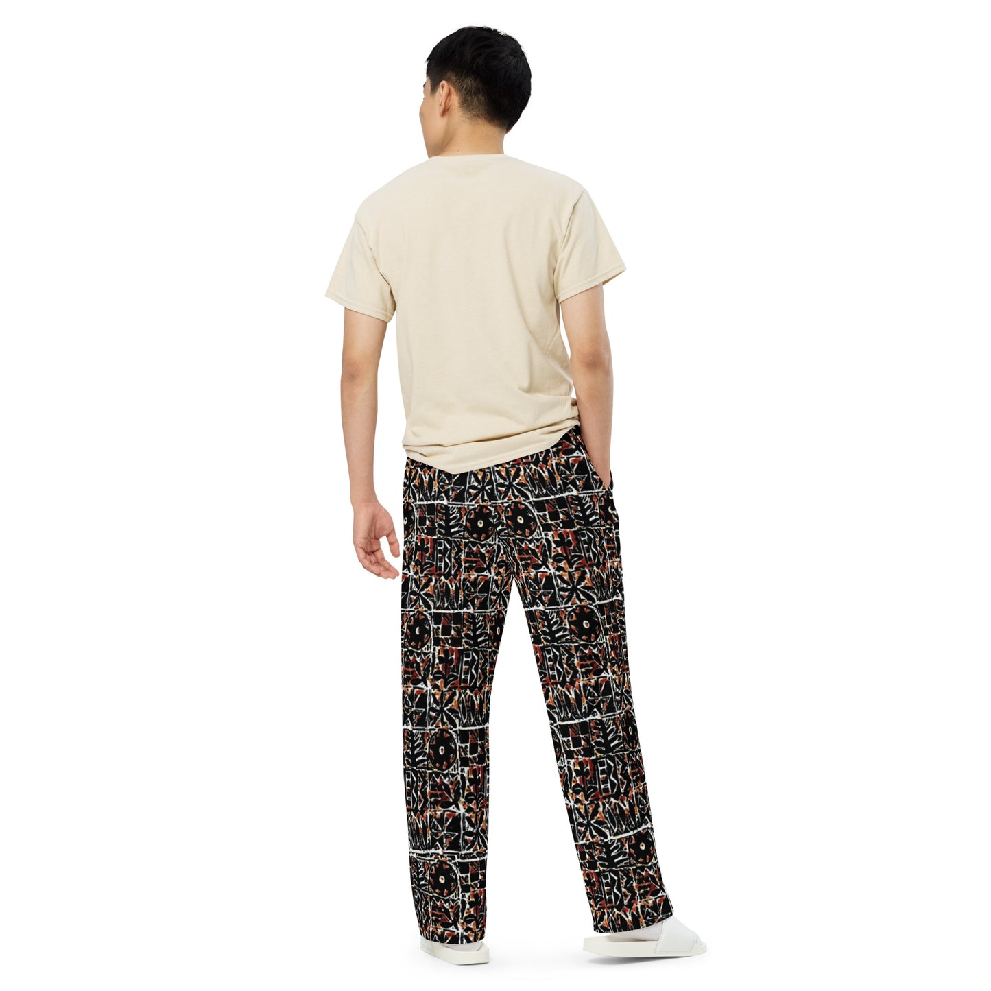 Red Black Abstract Pattern Adire Unisex Wide-Leg Pants