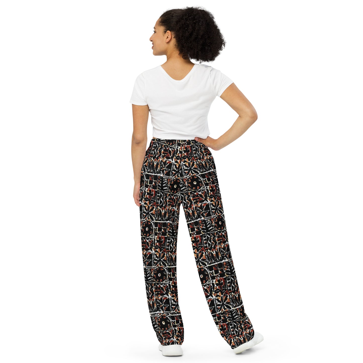 Red Black Abstract Pattern Adire Unisex Wide-Leg Pants