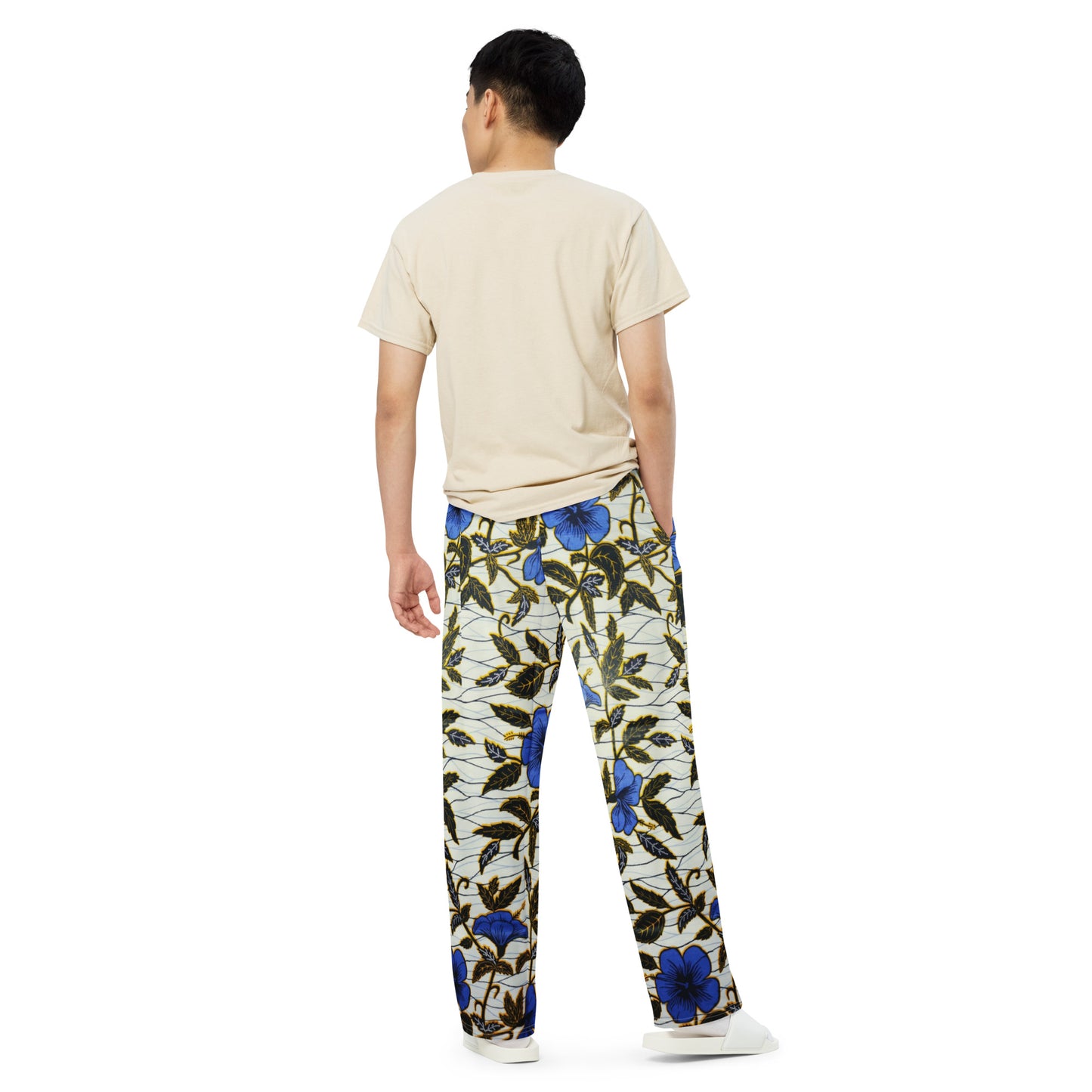 Cornflower Blue Leafy Ankara Unisex Wide-Leg Pants