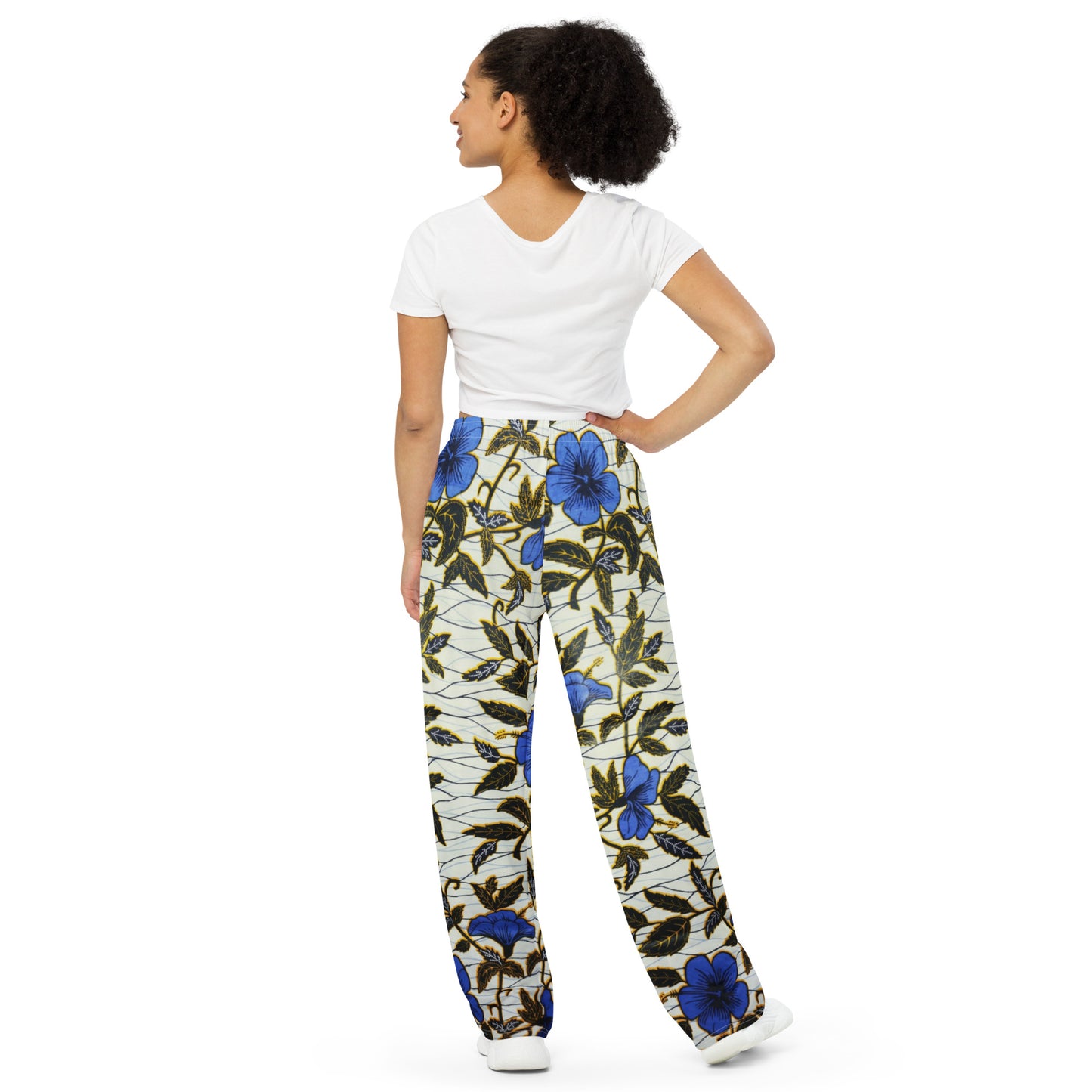 Cornflower Blue Leafy Ankara Unisex Wide-Leg Pants